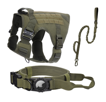Tactical Harness, Tracking Tag Compatible Collar & Dog Leash Combo | Durable Construction Army Style Gear Set